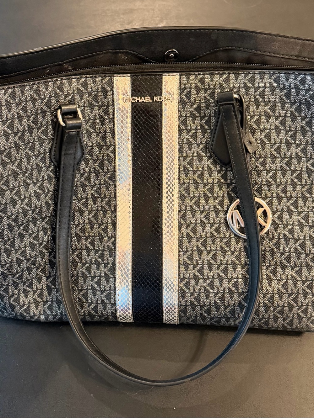 Michael Kors Black and Silver Signature Tote with Center Stripe
